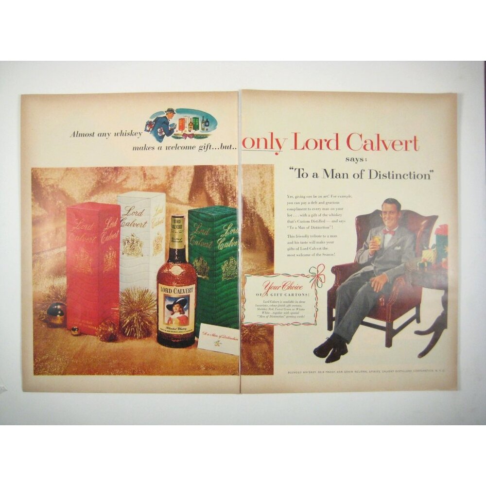 Vintage 1953 Lord Calvert Whiskey Double Page Print Ad Christmas Scene